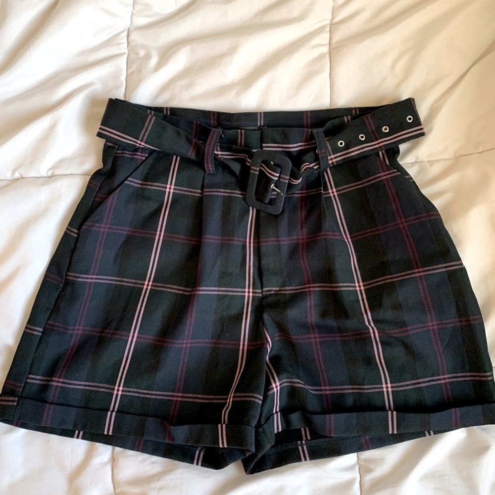 High waisted plaid shorts with belt